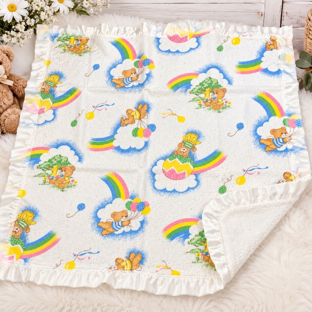 Vintage Cannon Mills Baby Blanket Teddy Bear Rainbow Cloud Satin Ruffle USA Made